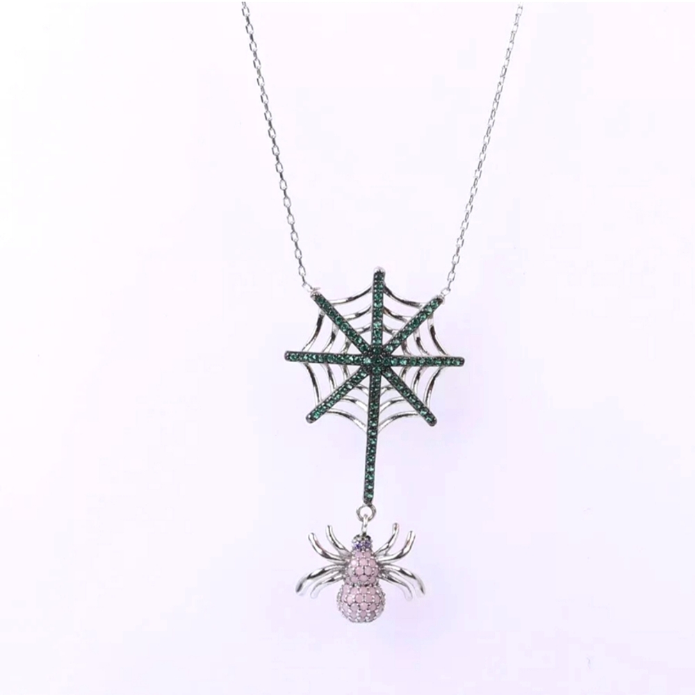 Emerald web & Pink Topaz Spider sterling necklace 18"